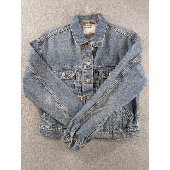 Old Navy Jacket Womens Small Blue Denim Cropped Medium Washed Jean 100% Cotton - Picture 1 of 9